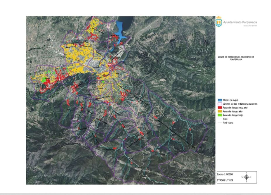Mapa de zonas de riesgo de incendios en Ponferrada