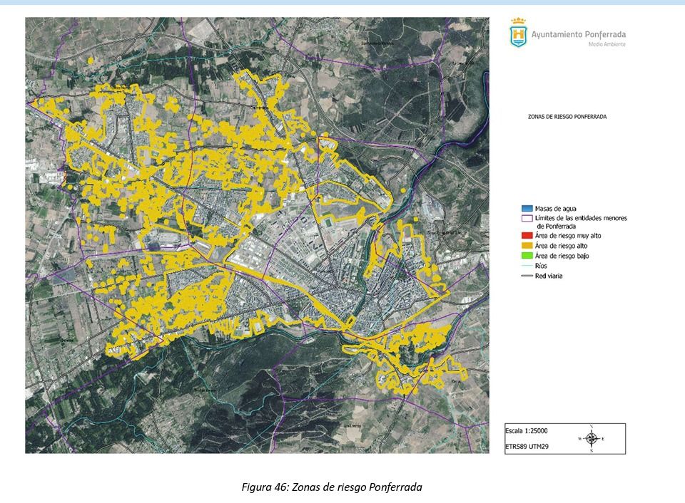 Mapa de zonas de riesgo de incendios en Ponferrada