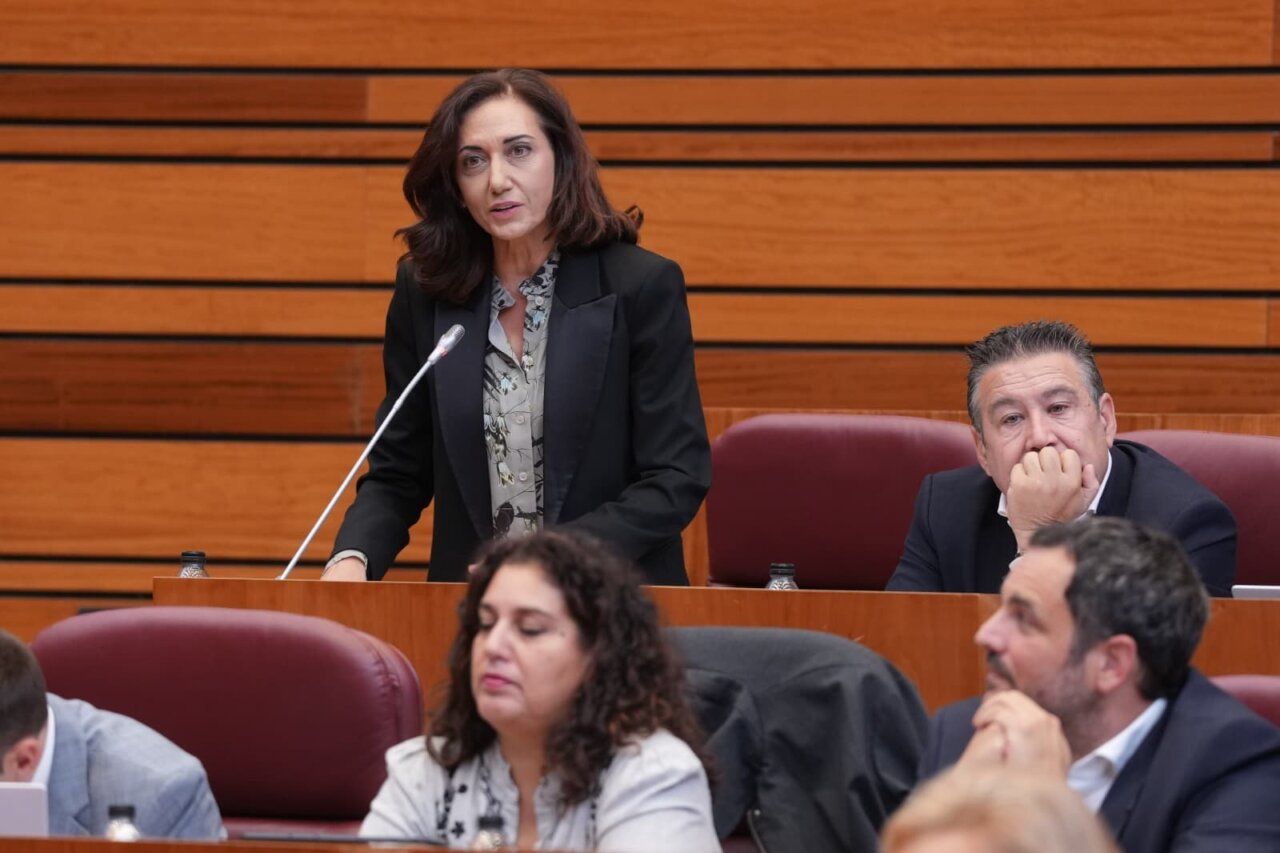 Alicia Gallego habla junto a un micrófono en una sala de escaños.
