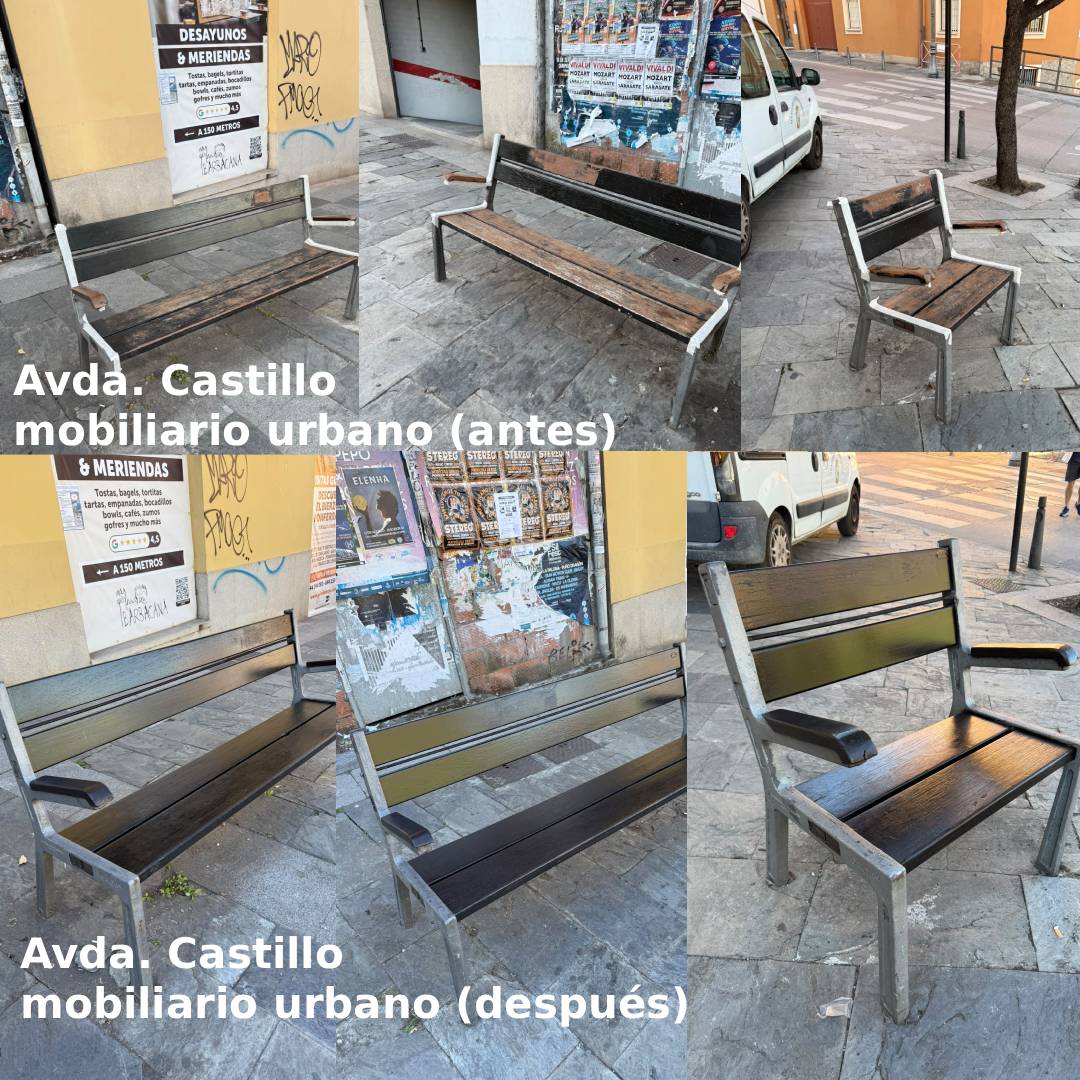 Mobiliario urbano en Avenida del Castillo antes y después de la renovación