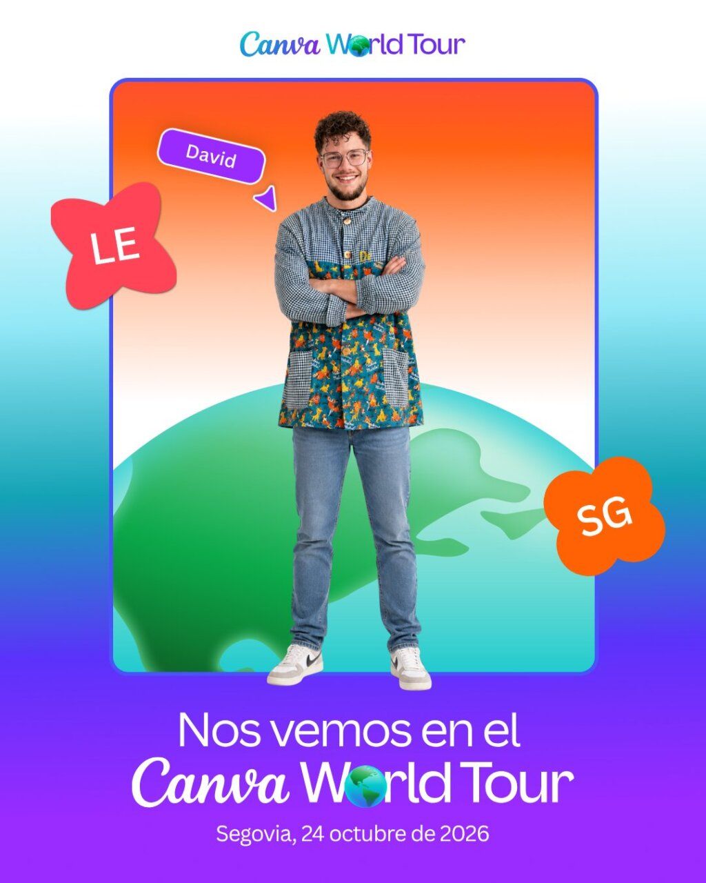Gráfico promocional de Canva World Tour con un hombre y texto sobre Segovia