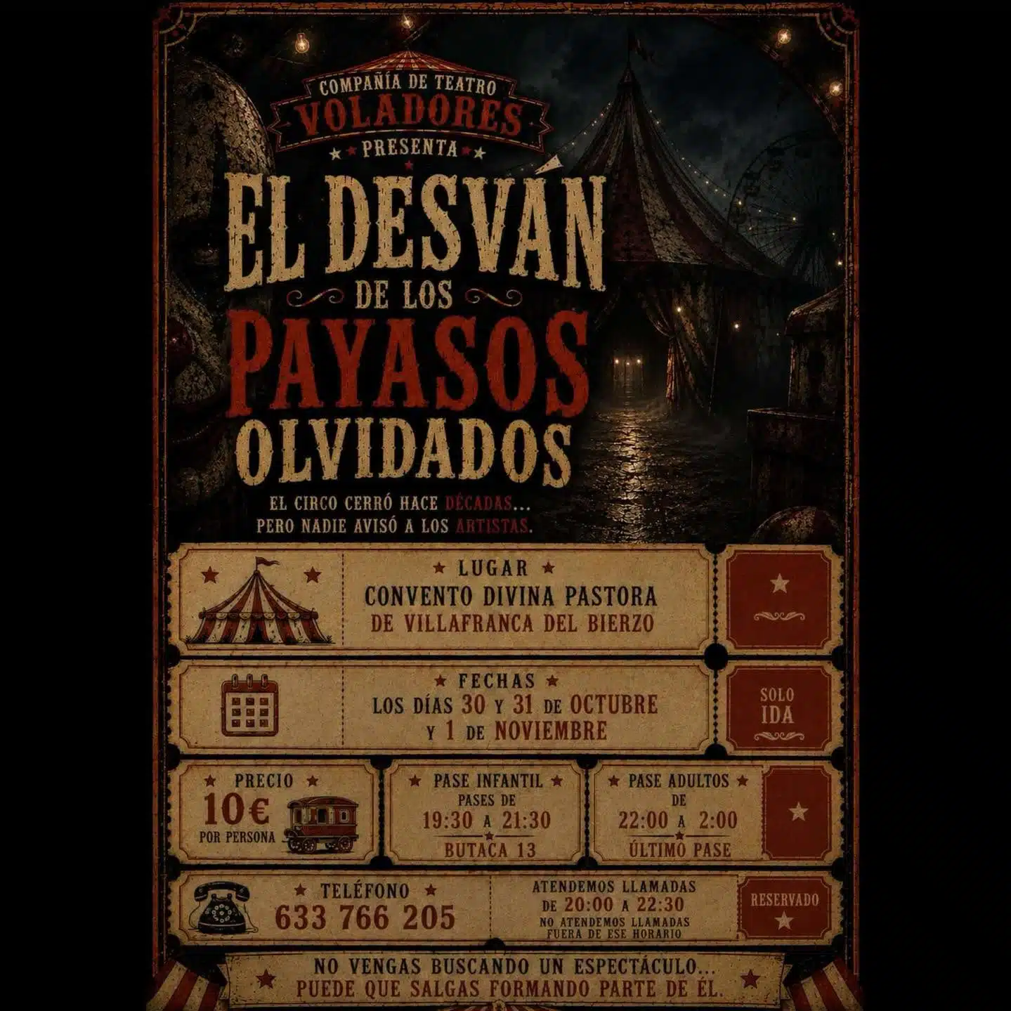 Cartel ilustrado de El desván de los payasos olvidados en Villafranca del Bierzo