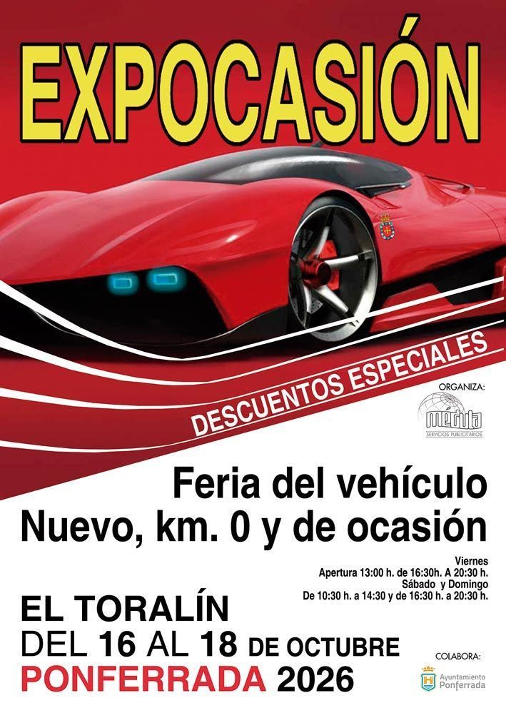 Cartel de Expocasión con un coche rojo y datos de la feria en Ponferrada