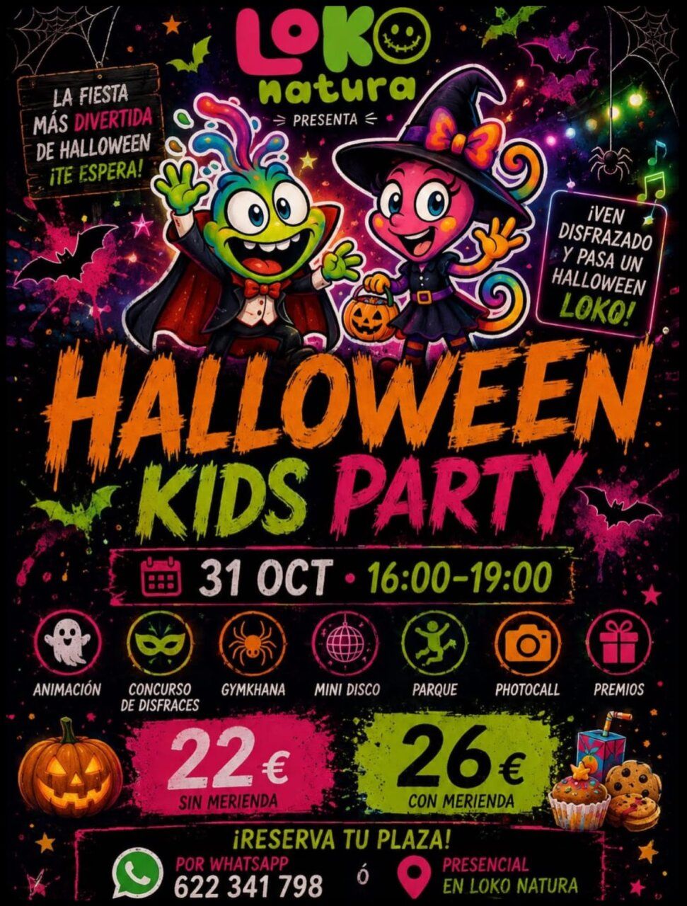 Cartel ilustrado anuncia una fiesta infantil de Halloween con disfraces, juegos y merienda.