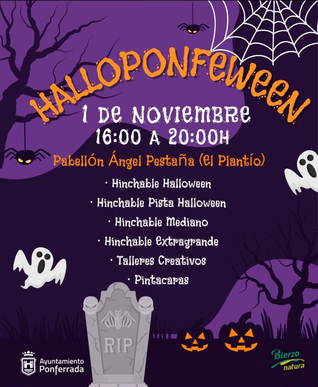 Cartel ilustrado de HalloPonfeWeen con horario, actividades infantiles y motivos de Halloween.