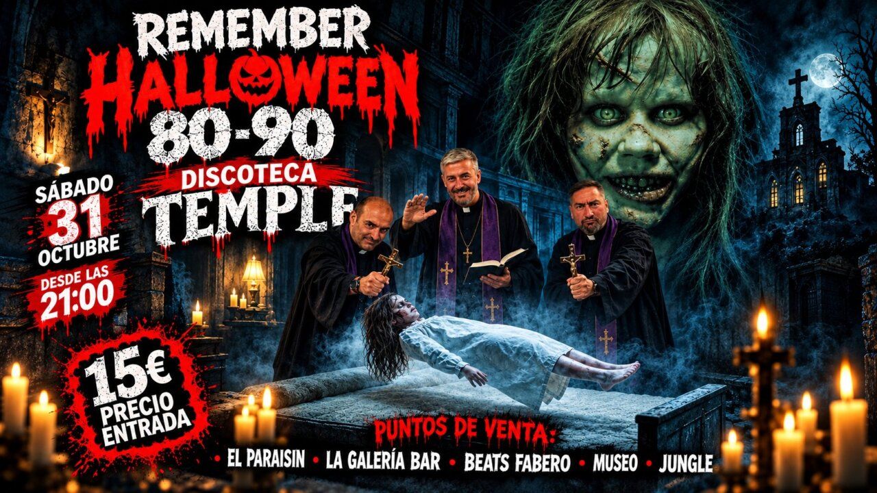 Cartel ilustrado de Remember Halloween 80-90 en la discoteca Temple, con escena de terror.