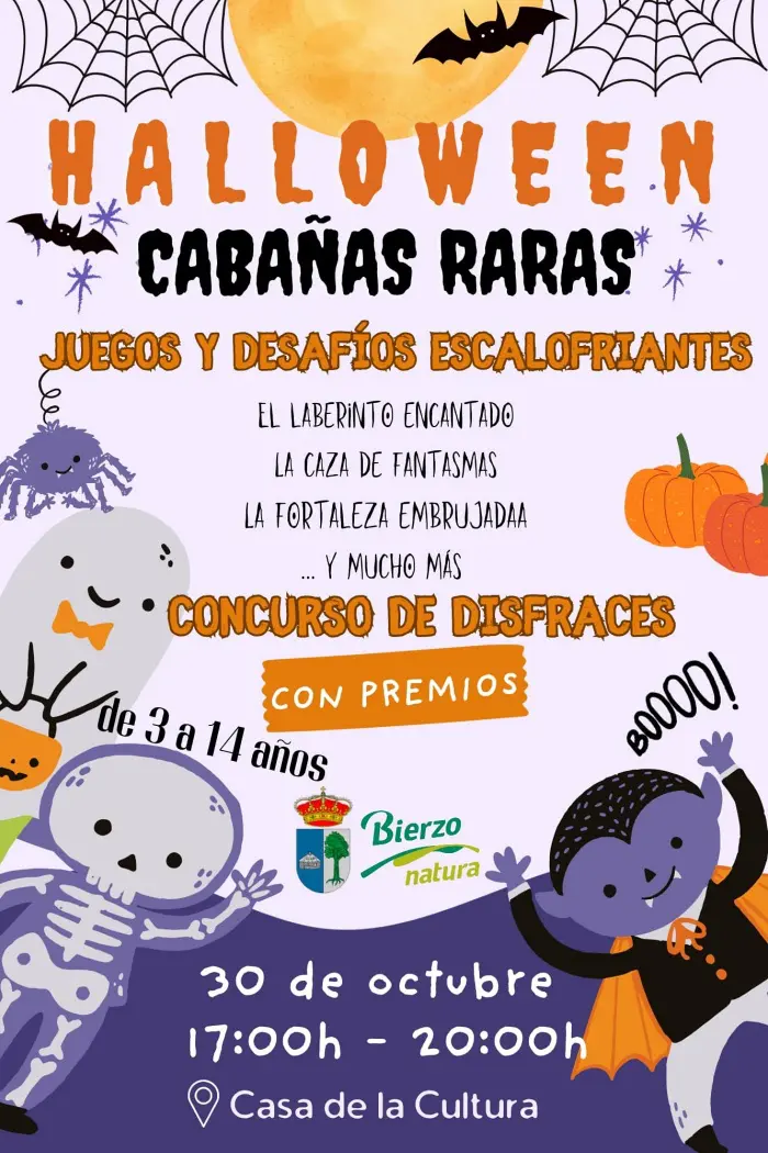 Cartel ilustrado de Halloween en Cabañas Raras con juegos, disfraces y calabazas.