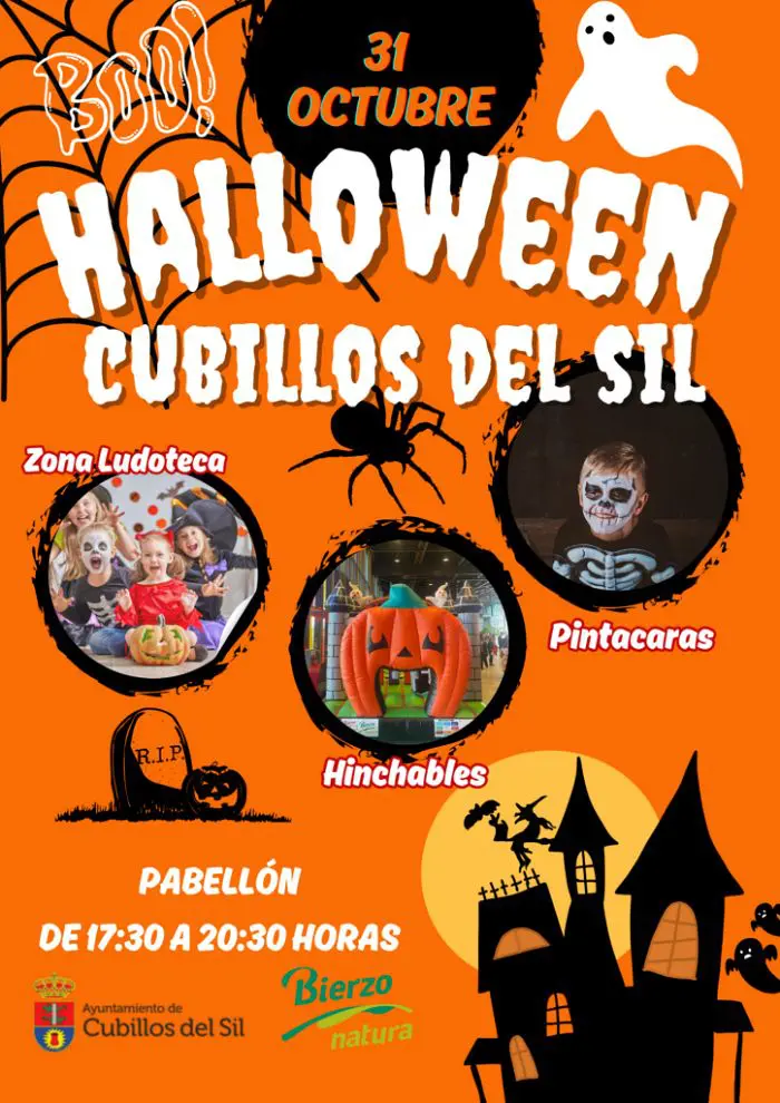 Cartel naranja anuncia Halloween en Cubillos del Sil con hinchables y pintacaras.