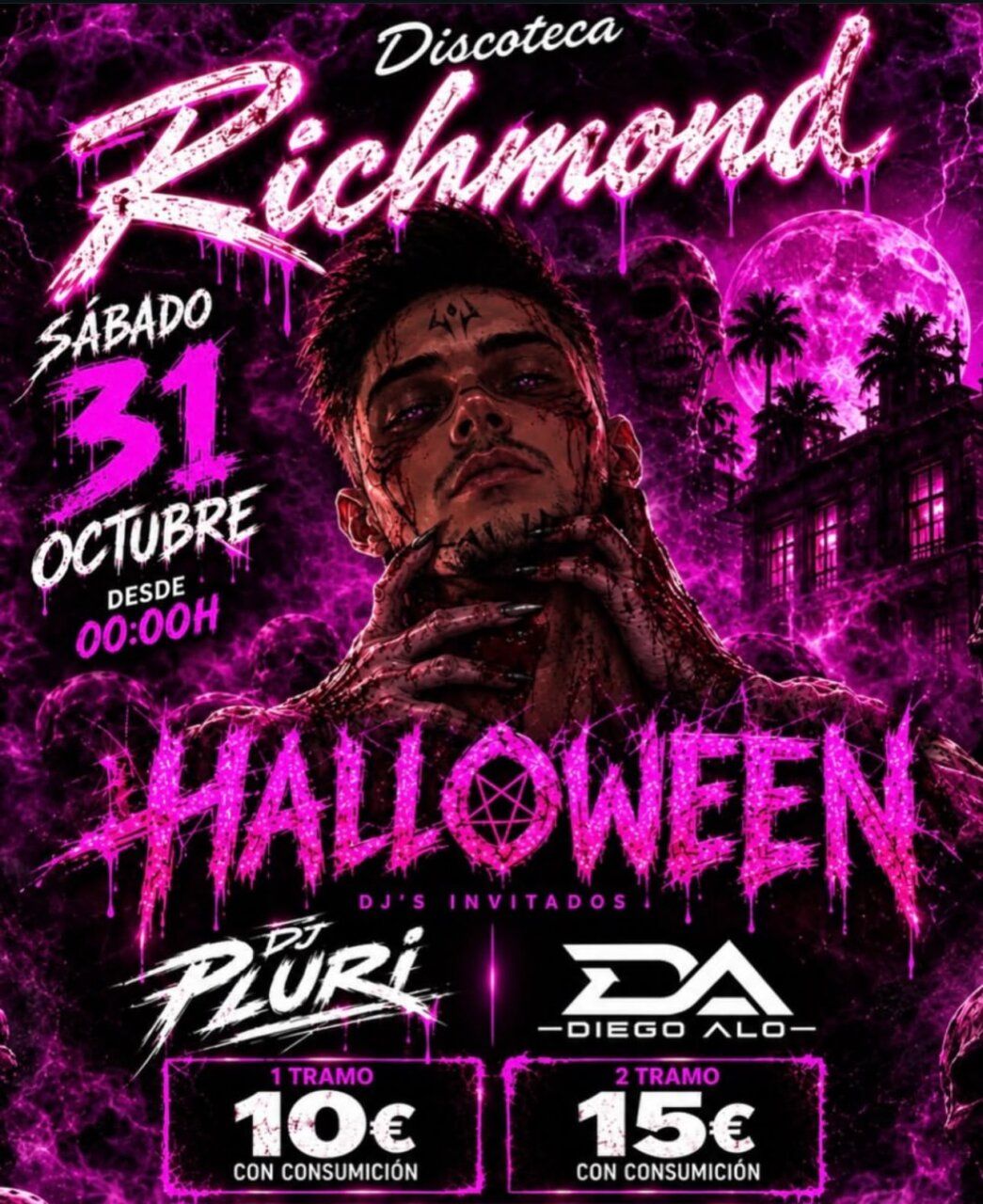 Cartel gráfico de Halloween de Discoteca Richmond con una figura central y tonos morados.