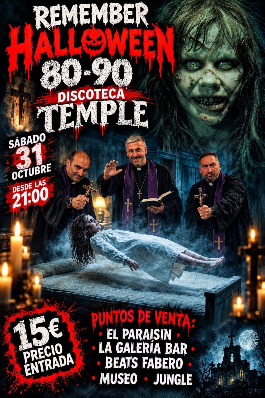 Cartel de Halloween de Discoteca Temple con tres hombres y una figura sobre una camilla.