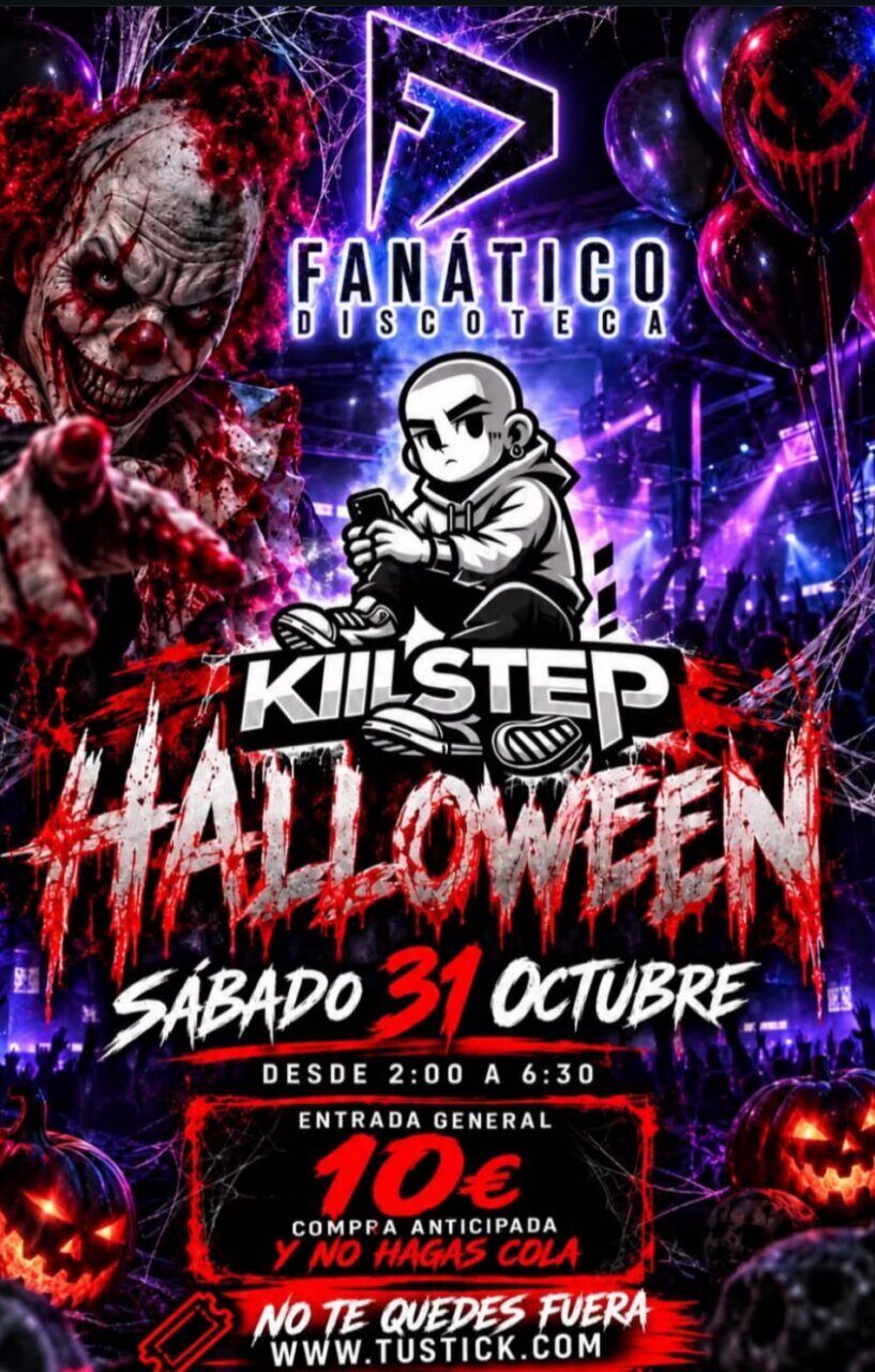 Cartel ilustrado de Halloween de Fanático Discoteca con payaso, globos y calabazas.