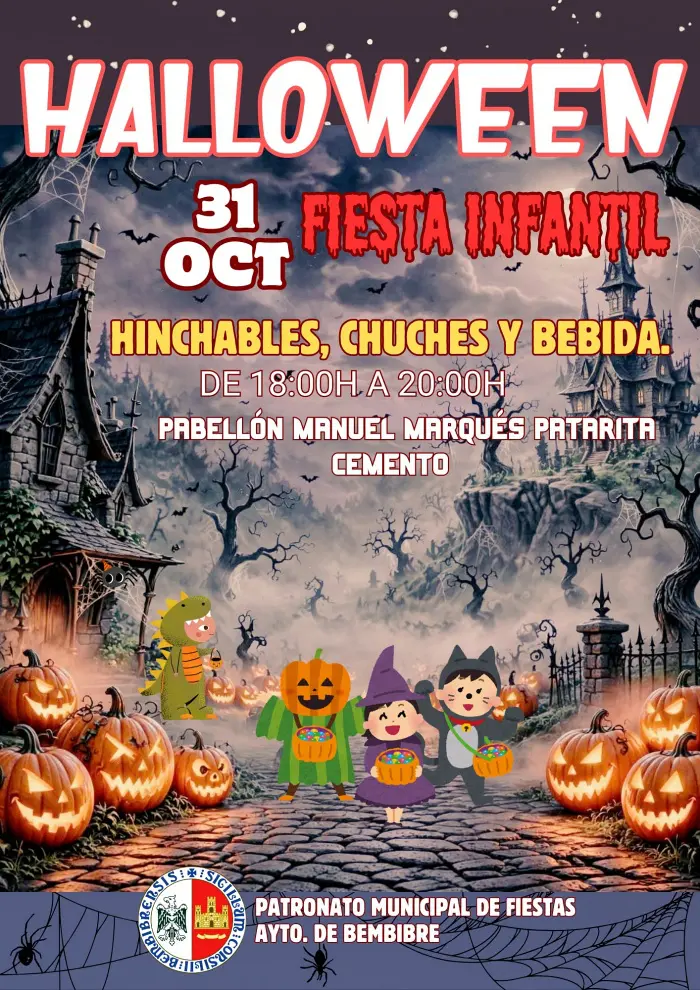 Cartel ilustrado de Halloween con niños disfrazados, calabazas y datos de una fiesta infantil en Bembibre.