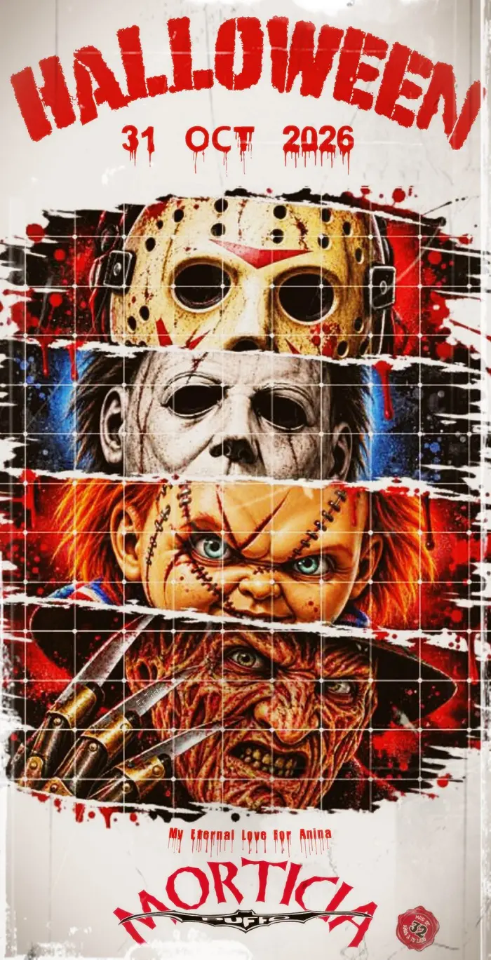 Cartel ilustrado de Halloween con máscaras de terror y texto del 31 de octubre de 2026.