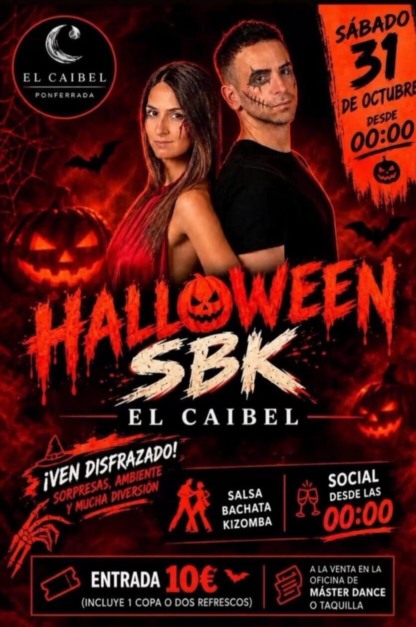 Cartel de Halloween SBK de El Caibel, con dos personas maquilladas y detalles rojos