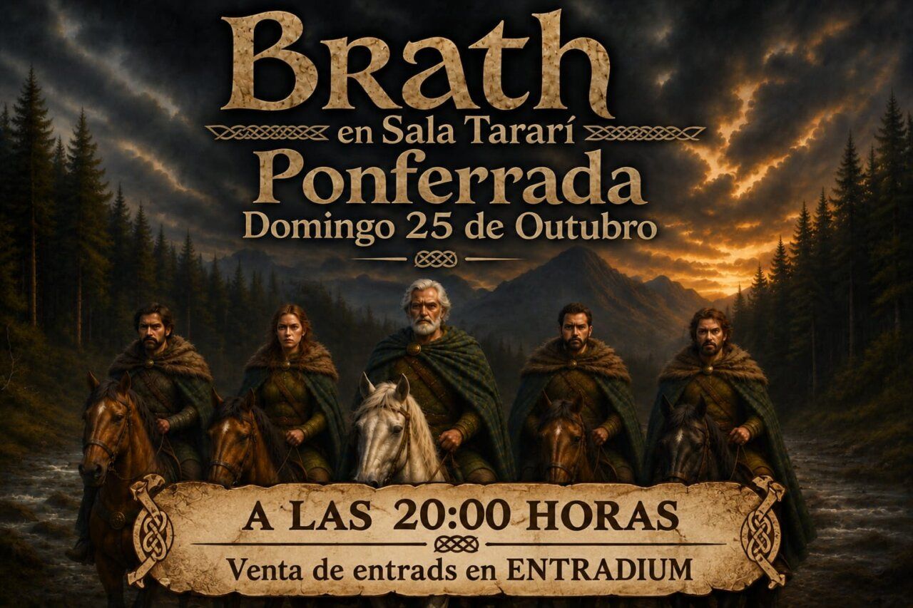 Ilustración de cinco jinetes bajo el texto promocional de Brath en Ponferrada.