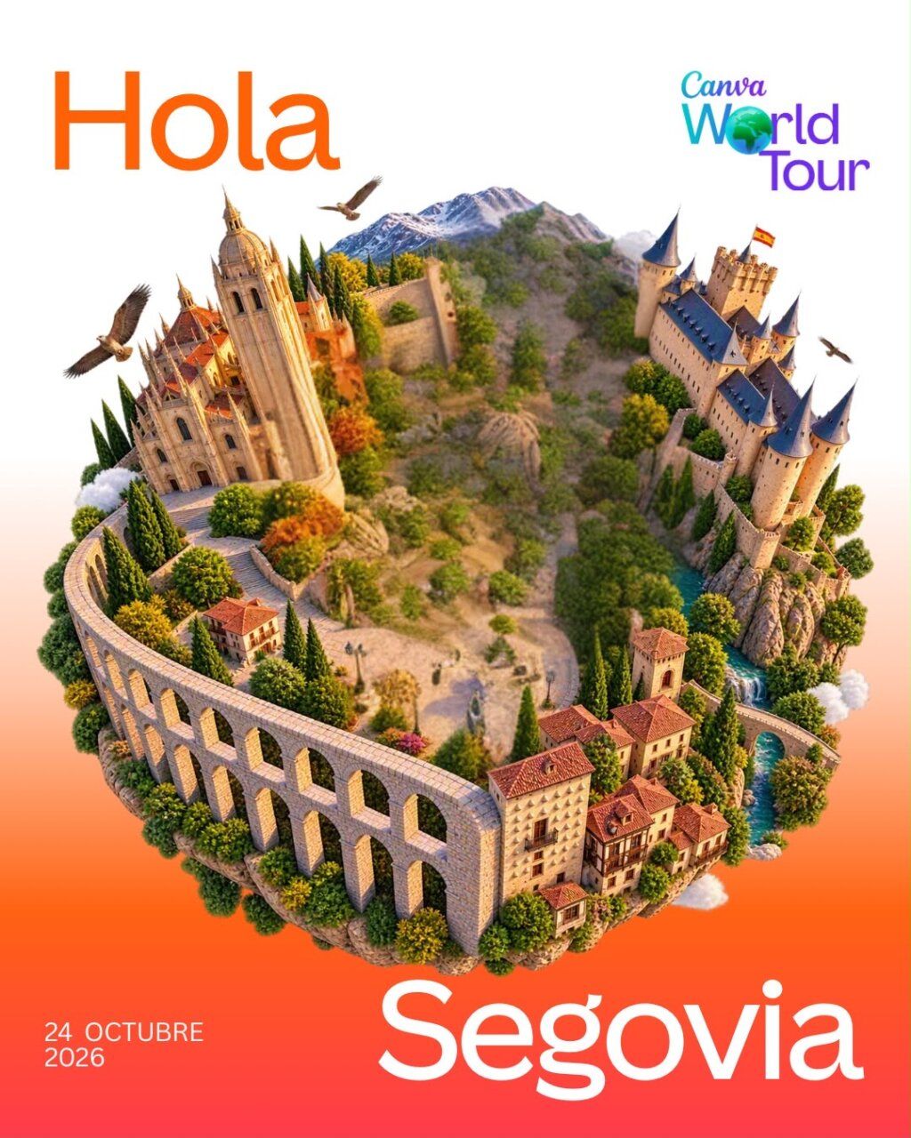 Cartel ilustrado del Canva World Tour con monumentos y paisaje de Segovia en una composición flotante.