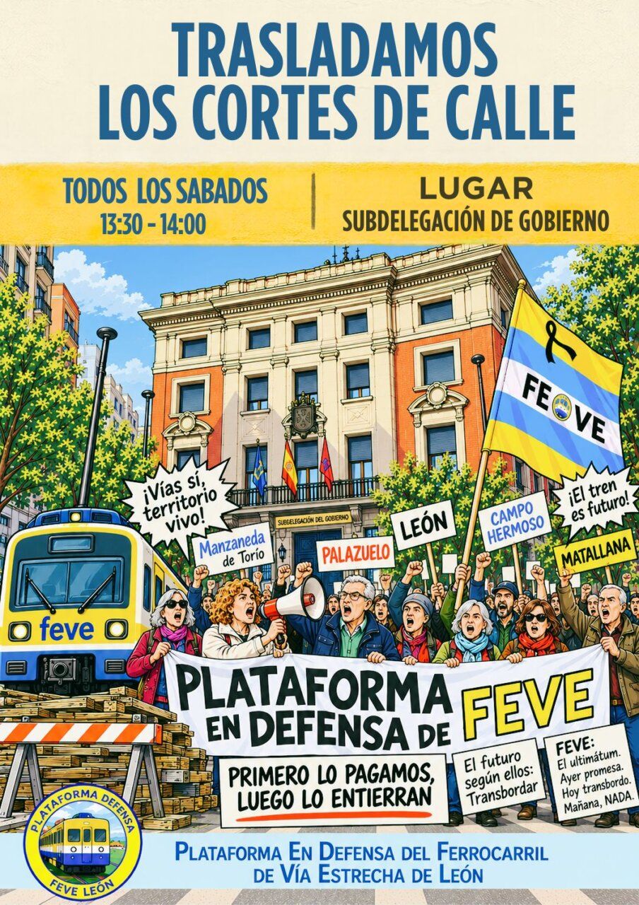 Cartel ilustrado de una concentración en defensa del ferrocarril FEVE de León.