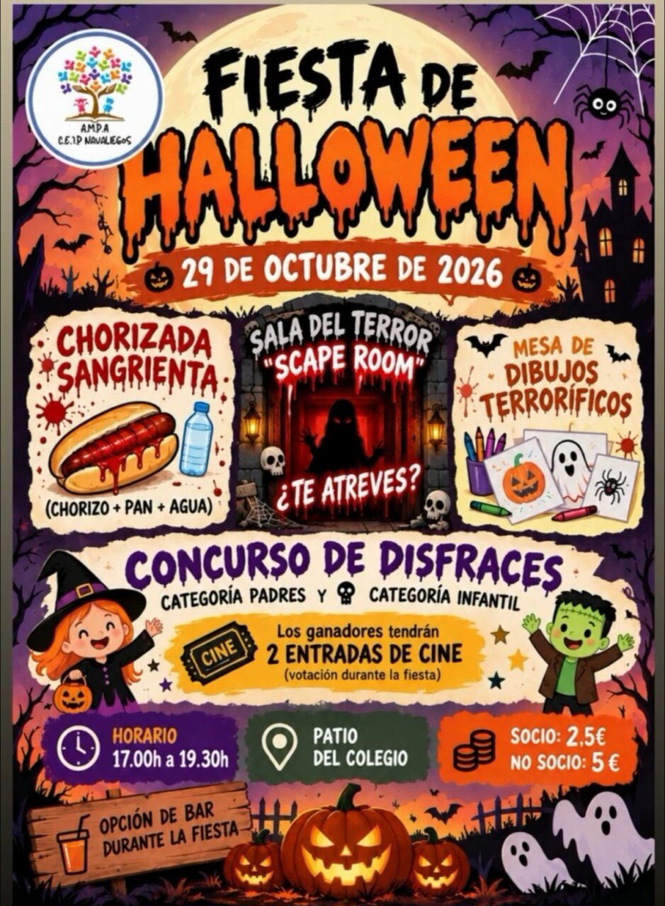 Cartel ilustrado de la fiesta de Halloween del AMPA del C.E.I.P. Navaliegos.