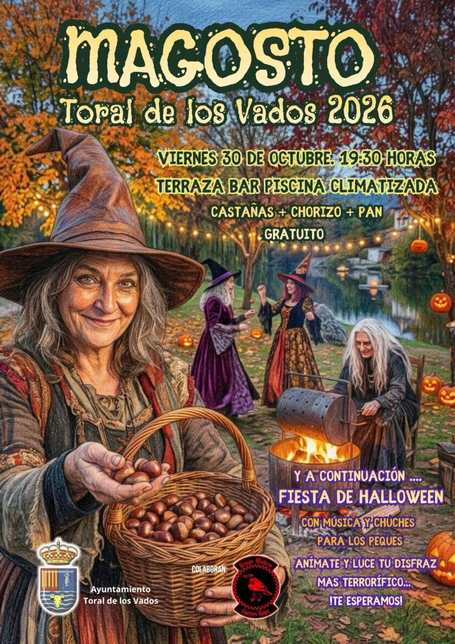 Cartel ilustrado anuncia un magosto en Toral de los Vados con figuras disfrazadas y castañas.