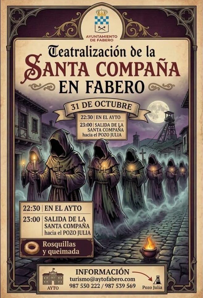 Cartel ilustrado de la Santa Compaña en Fabero, con figuras encapuchadas recorriendo una calle nocturna.