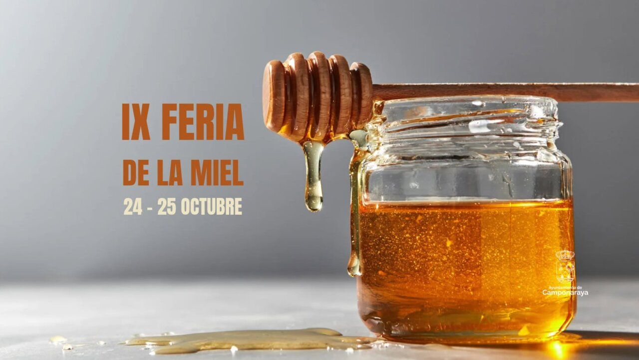 Cartel de la IX Feria de la Miel con un tarro y un cucharón de miel
