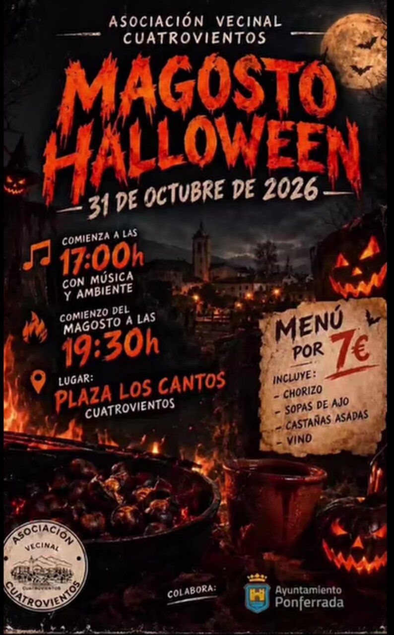 Cartel ilustrado anuncia un magosto de Halloween de la Asociación Vecinal Cuatrovientos.