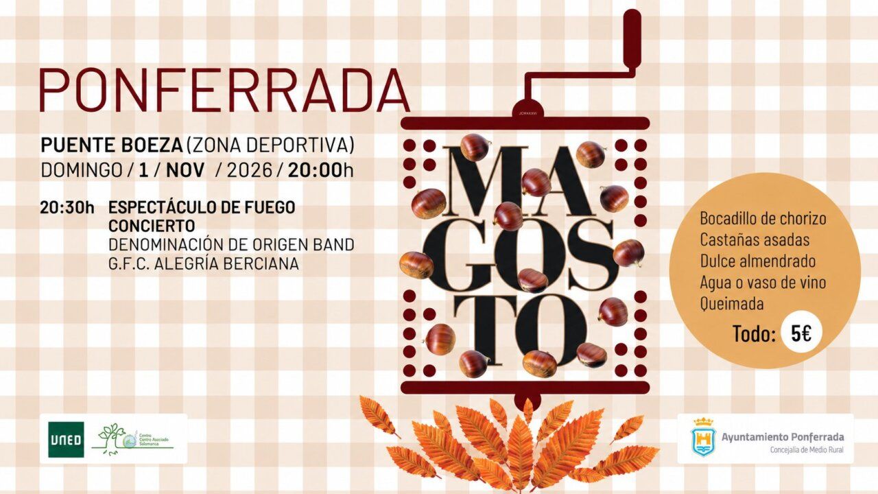 Cartel ilustrado del Magosto de Ponferrada con castañas, hojas otoñales y programa