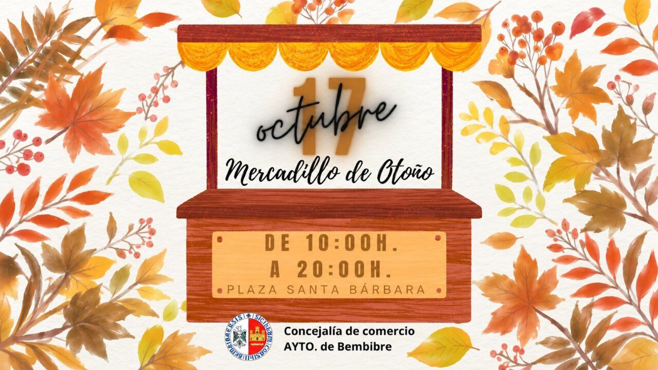 Cartel del Mercadillo de Otoño en Bembibre con detalles otoñales