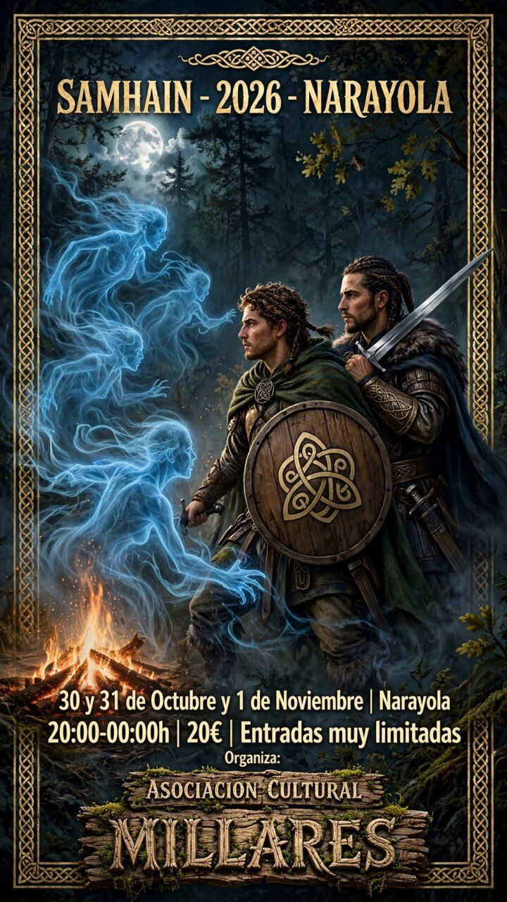 Cartel ilustrado de Samhain en Narayola, con figuras armadas, espectros azules y una hoguera.