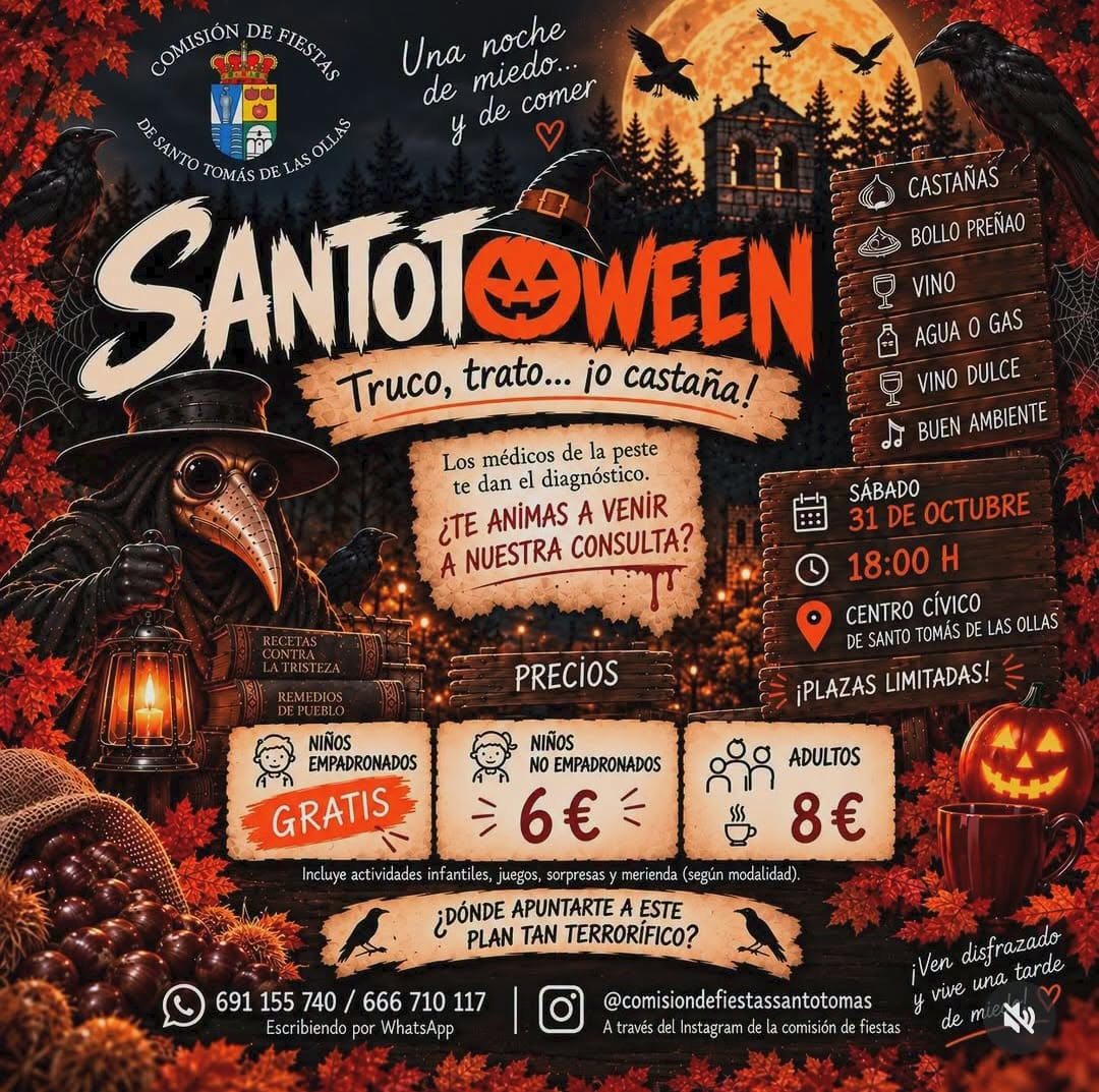 Cartel ilustrado de Santotoween con horario, precios y actividades en Santo Tomás de las Ollas