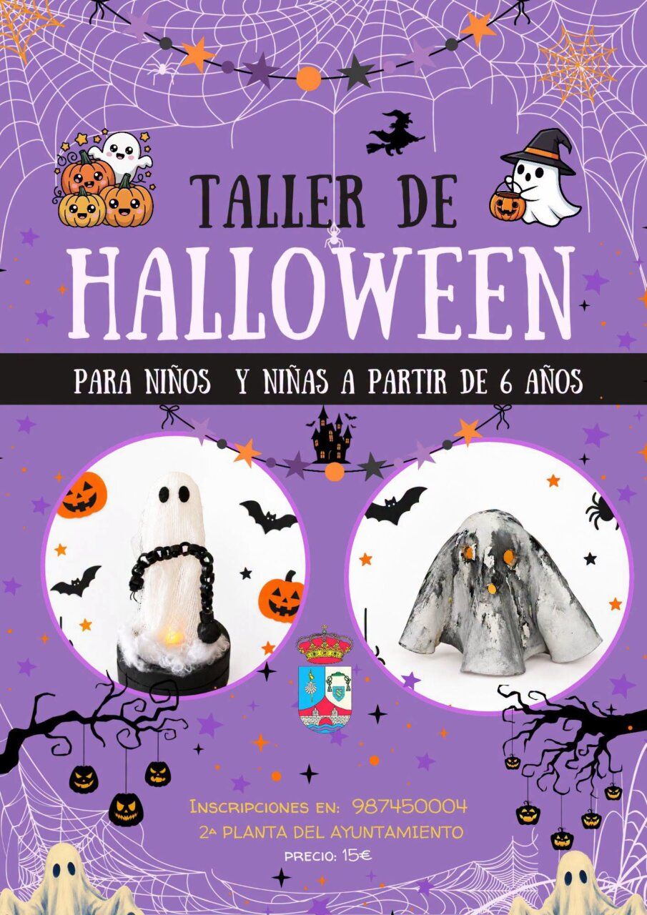 Cartel ilustrado de un taller infantil de Halloween con manualidades de fantasmas.