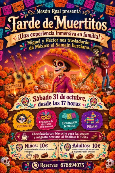 Cartel ilustrado de Tarde de Muertitos de Mesón Real, con personajes y motivos festivos.
