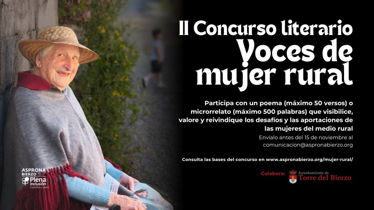 Cartel del II Concurso Literario Voces de mujer rural con una mujer mayor sonriendo