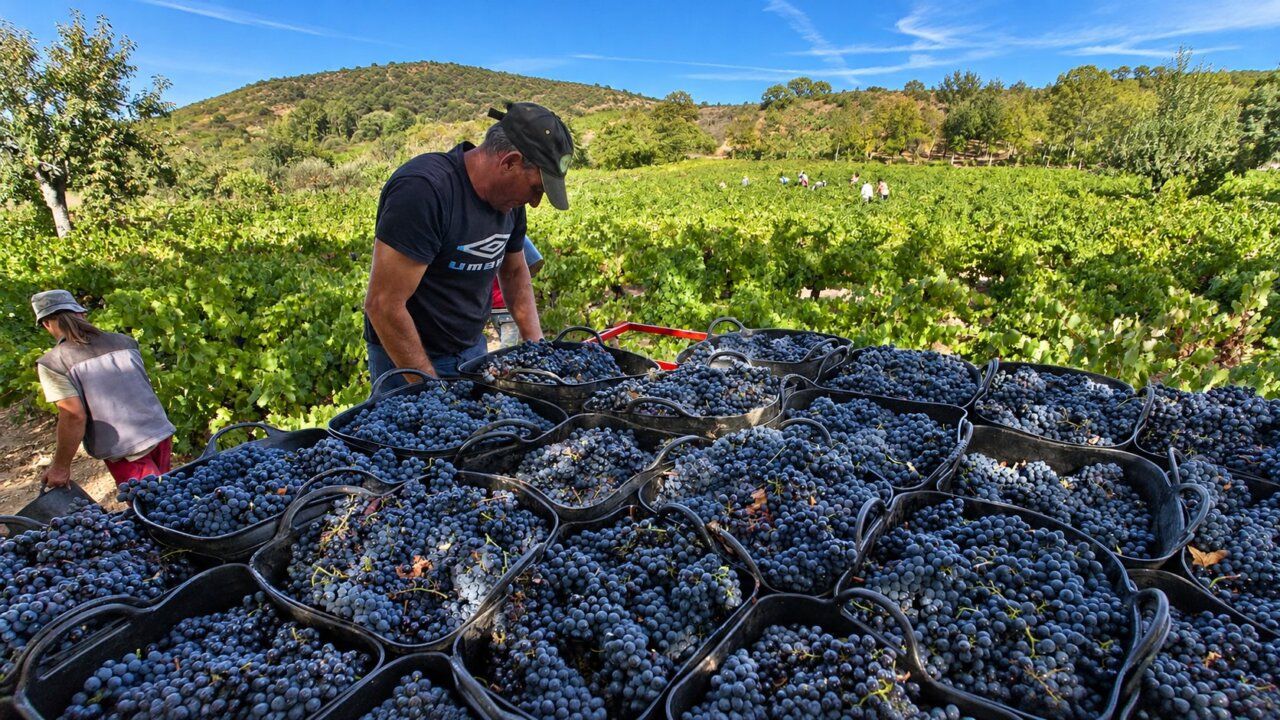 Trabajadores recolectando uvas en un viñedo durante la vendimia