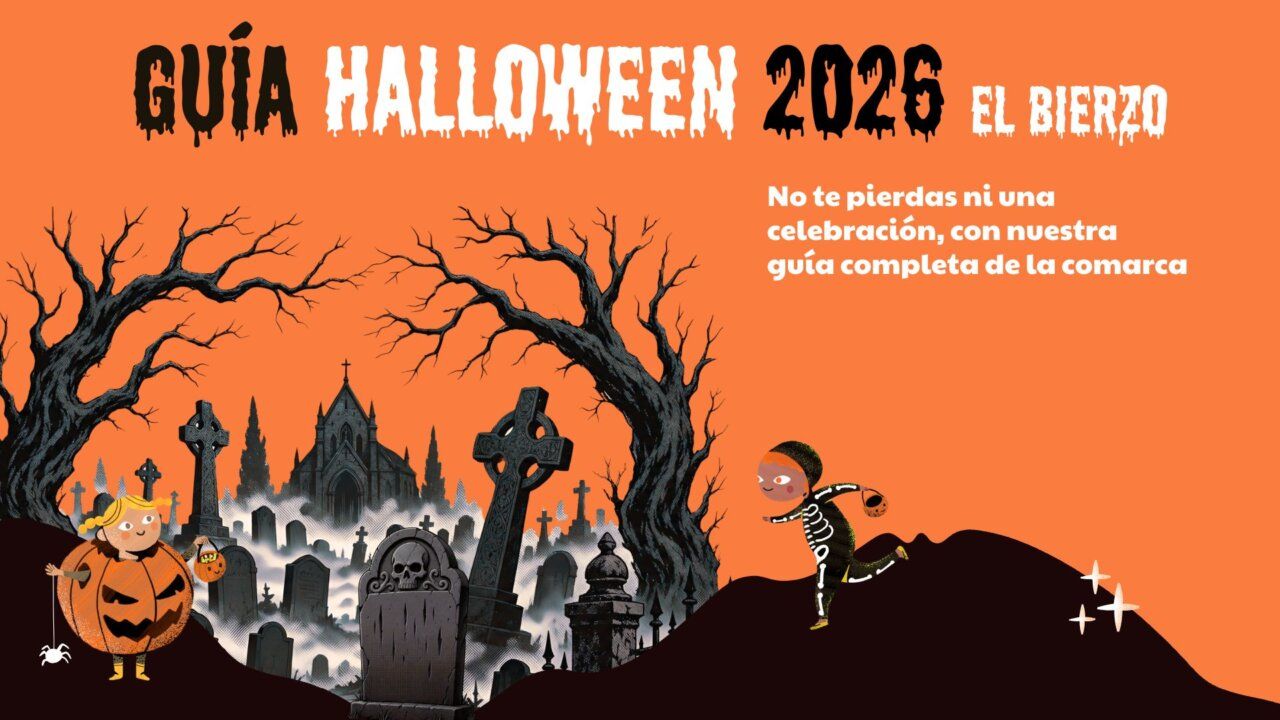 Ilustración de Halloween con cementerio, árboles oscuros y personajes disfrazados en El Bierzo.