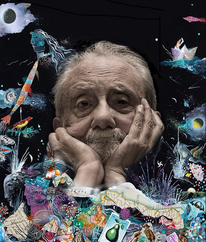 Retrato de Antonio Pereira con elementos artísticos alrededor.