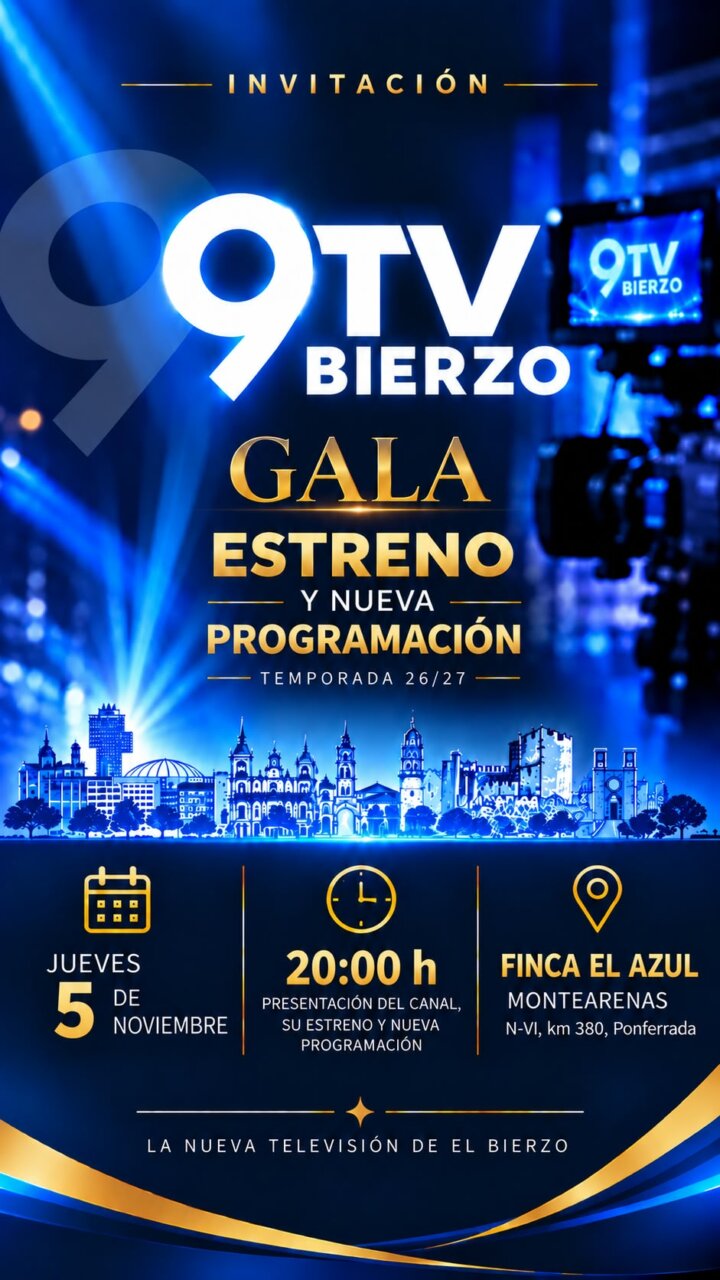 Cartel azul de invitación a la gala de La 9 TV Bierzo, el 5 de noviembre