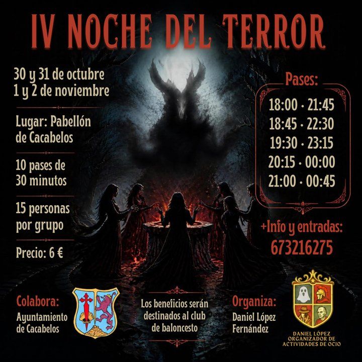 Cartel ilustrado de la IV Noche del Terror, con figuras alrededor de un fuego.