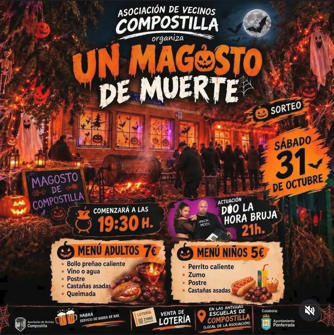 Cartel del magosto de Halloween de Compostilla, con horarios, menús y actuación musical anunciados.