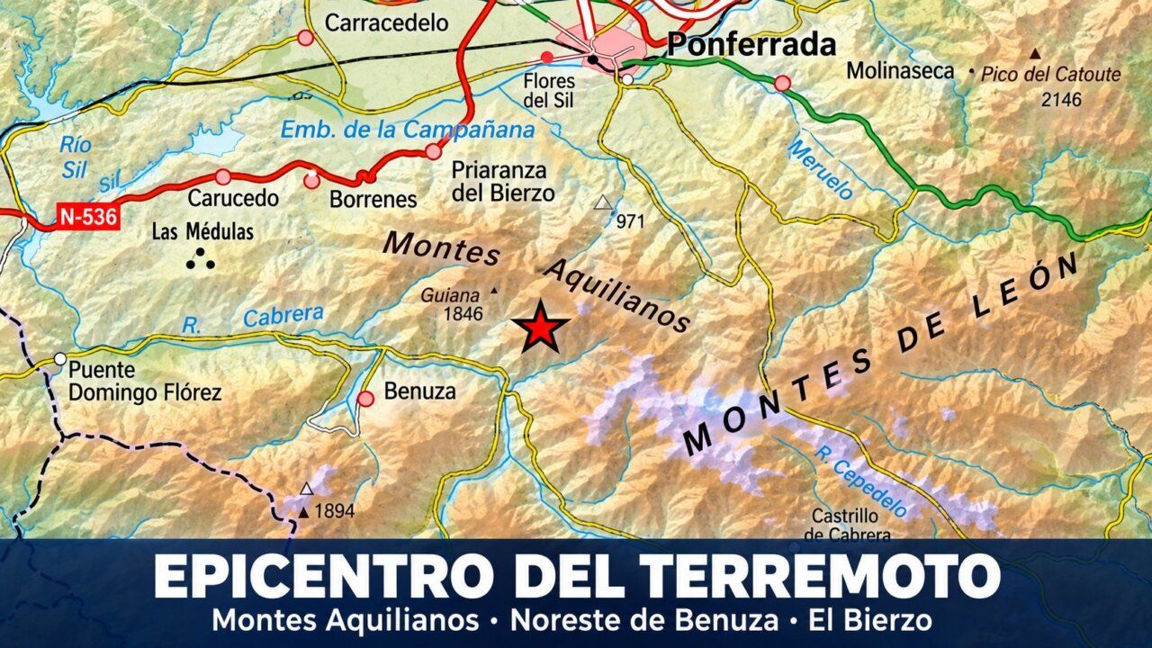 Mapa del Bierzo con una estrella que marca el epicentro al noreste de Benuza.