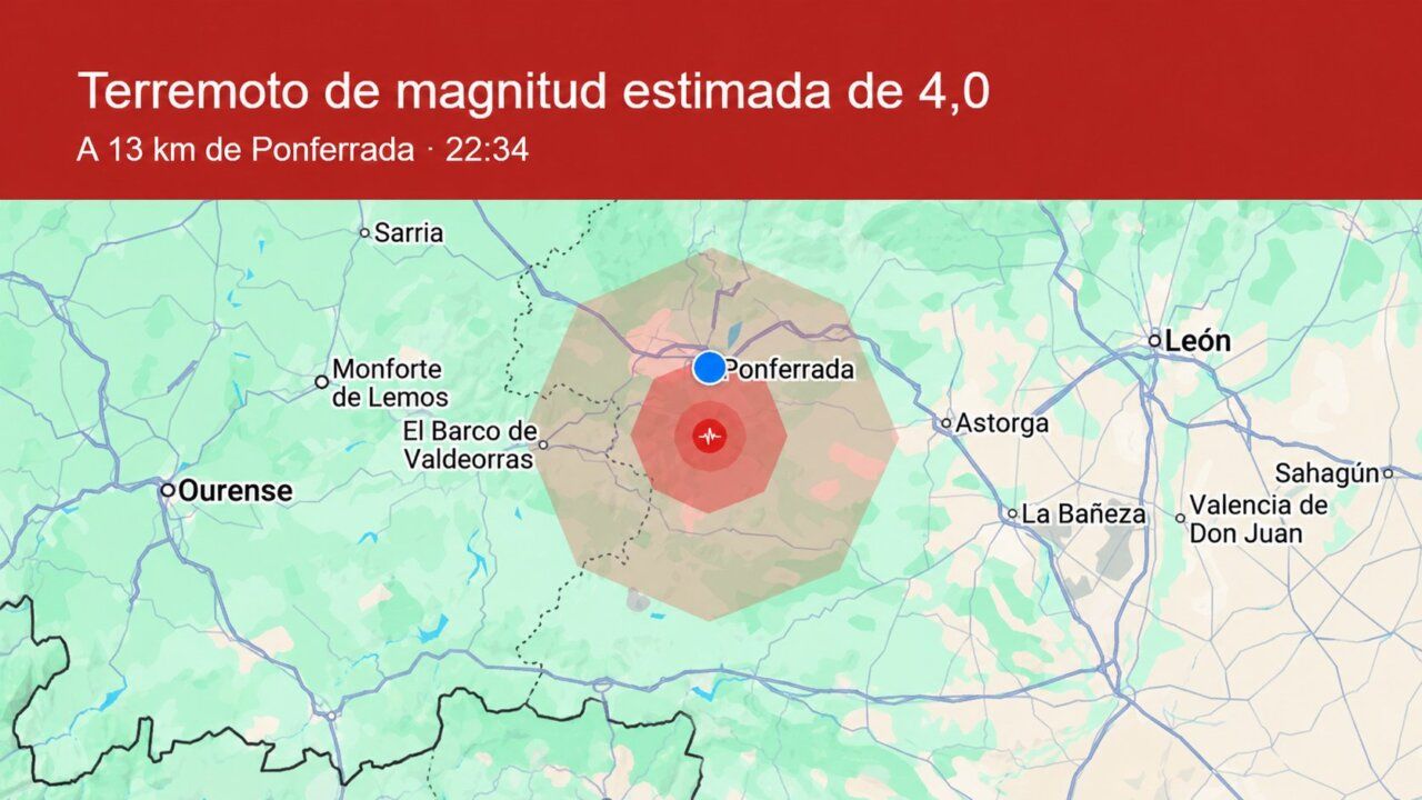 Mapa gráfico señala un terremoto estimado de magnitud 4,0 a 13 km de Ponferrada