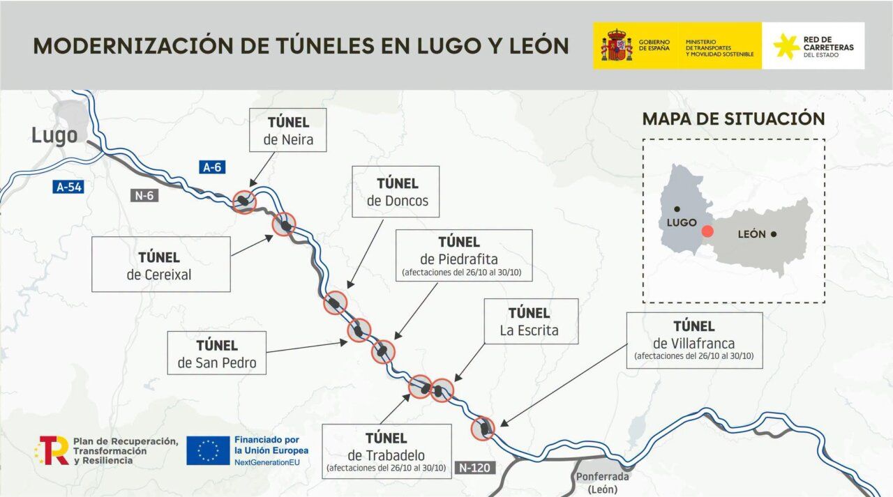 Infografía cartográfica con túneles señalados a lo largo de la A-6 en Lugo y León