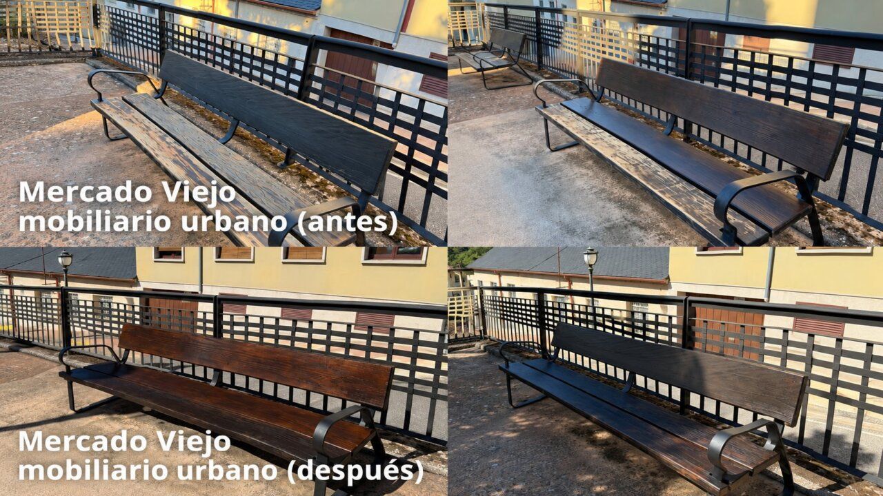Comparativa del mobiliario urbano en el Mercado Viejo antes y después de la renovación
