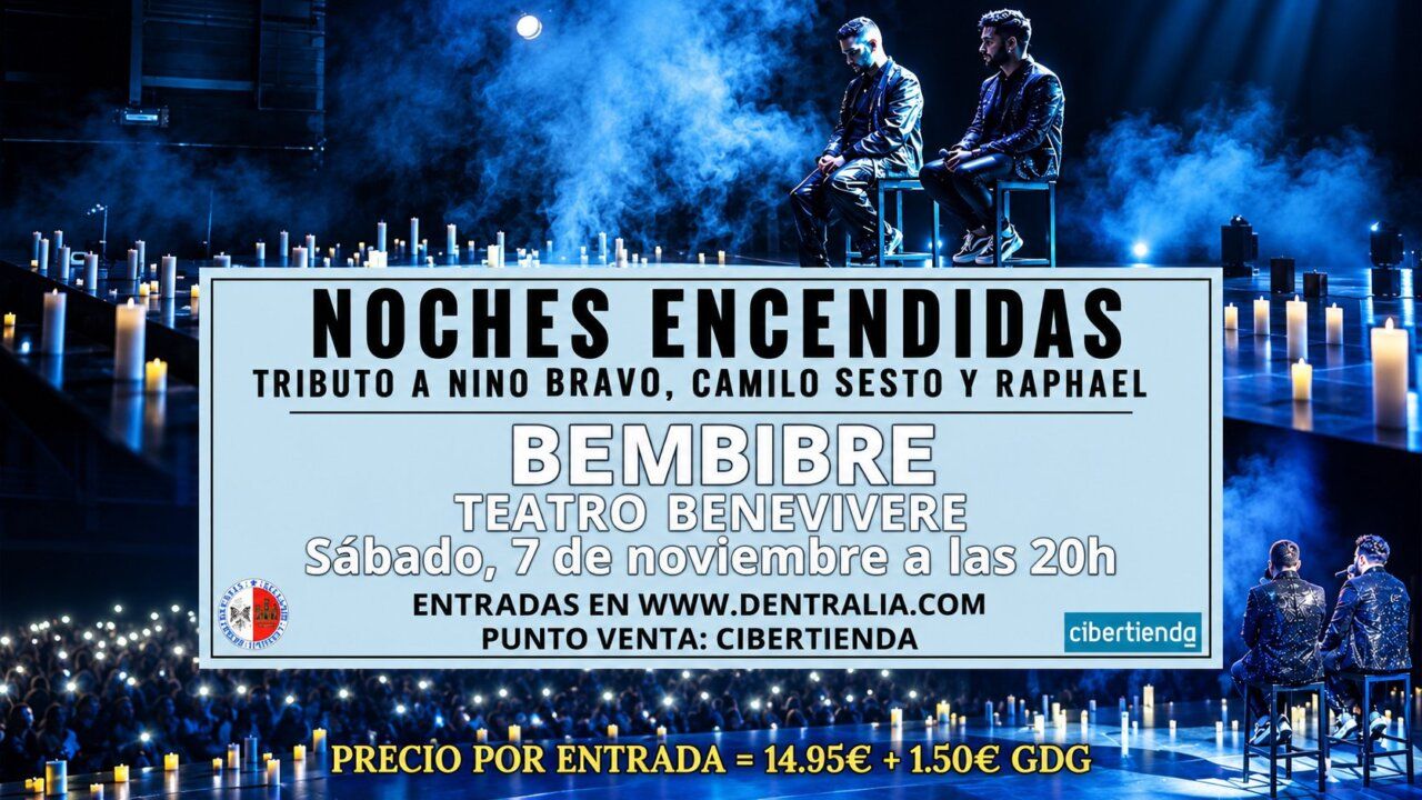 Cartel de Noches encendidas con dos hombres sentados en un escenario iluminado en azul.