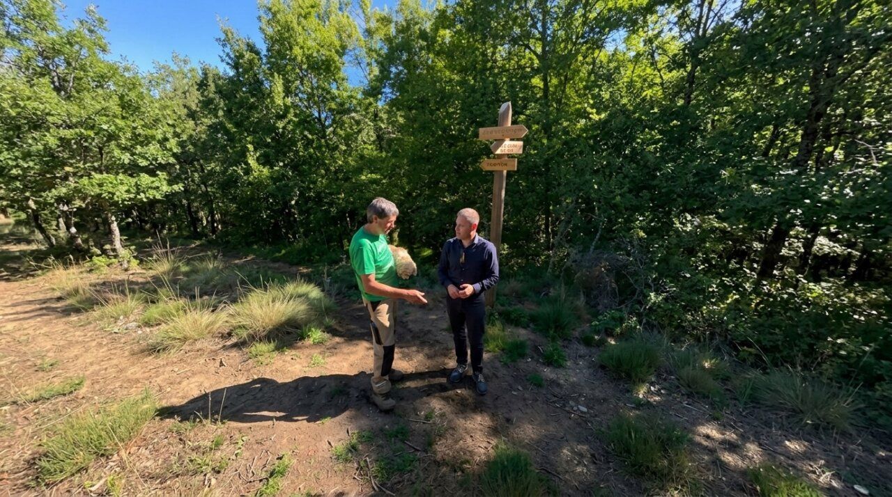 Dos hombres conversando en un sendero rodeado de árboles