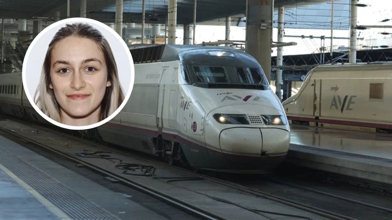 Retrato circular de una mujer sobre una imagen de trenes AVE en una estación